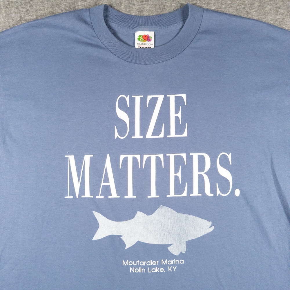 Vintage Fruit Of The Loom Shirt Mens XL Blue Size Matters Fish Nolin Lake KY Fun